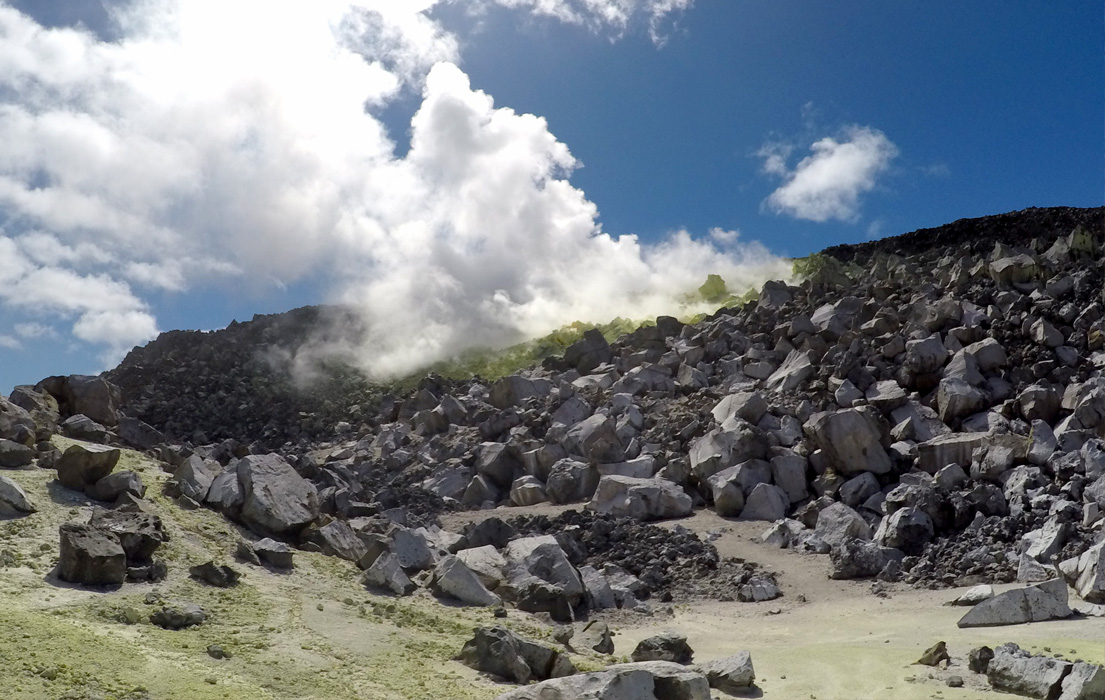 Sulfur vapor rising from the sulfur mines in Isabela Island