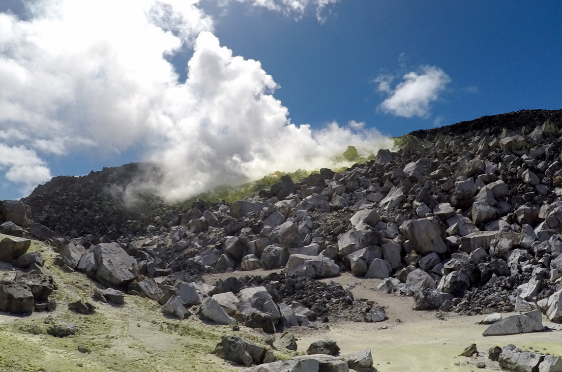 Sulfur-Mines-with-smoke-coming-out Sulfur mines on Sierra Negra volcano, Isabela Island